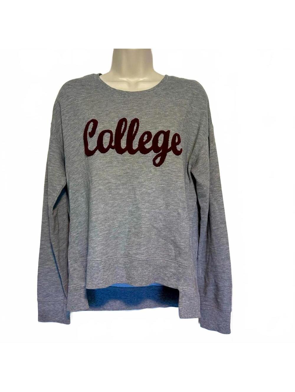 “College” Light Grey Sweatshirt with Textured Script in Burgundy | Medium